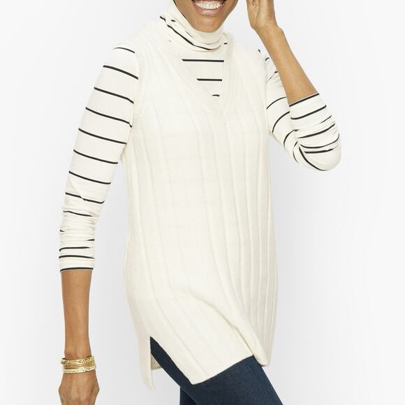 Talbots Tunic Sweater Vest Ivory Cream Ribbed Knit Sleeveless Classic Size M - Picture 1 of 9